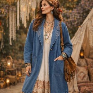 Vintage 90s BonJour Denim Coat L/XL Embroidered Lapel USA Boho Western Festival